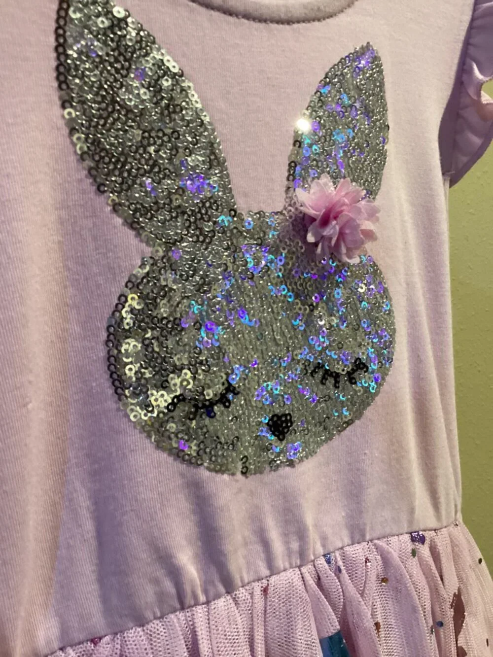 Girls Lavender Sequin Bunny Tulle Dress with Ruffle Sleeves